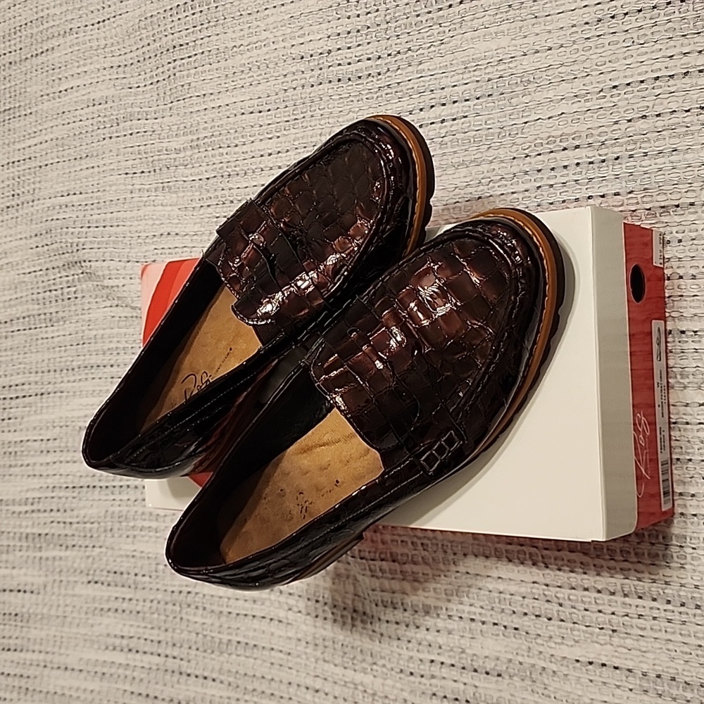 Brown patent crocodile loafers